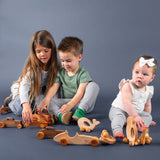 Siblings playing with wooden toys together.