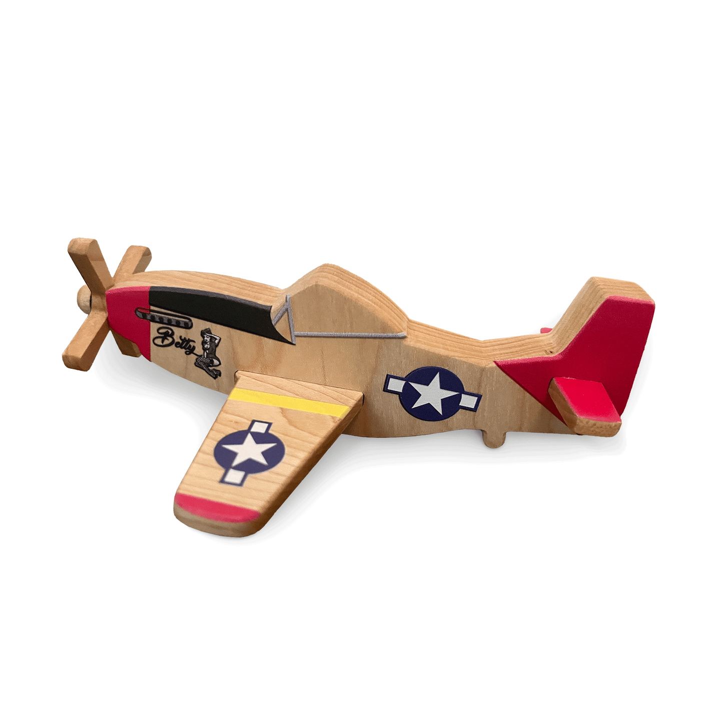 Side view of a wooden toy plane with US military insignia and nose art of a type of World War 2 planes. These wooden planes are durable, eco-friendly, and inspired by Montessori learning.