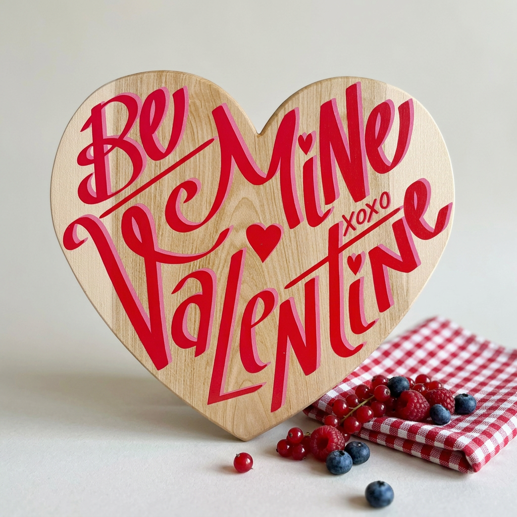Heart-shaped wooden cutting board with red and pink script text reading 'Be Mine Valentine xoxo' on a light maple wood, styled with berries and a red-and-white checkered cloth.