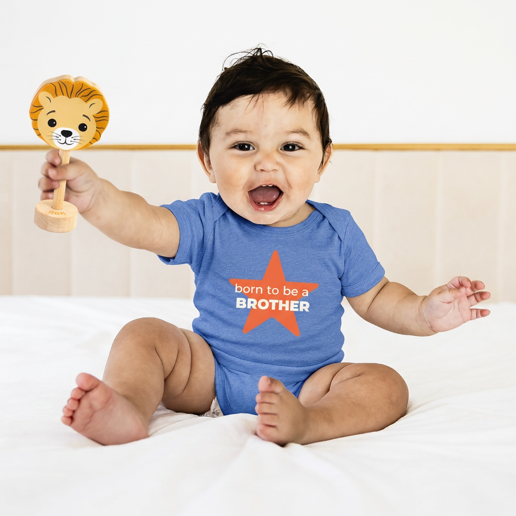 A baby sitting on a white bed wearing a blue bodysuit with an orange star and the text born to be a BROTHER. The baby is holding a wooden lion rattle.
