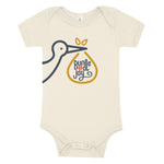 Baby onesie with stork and 'Buddle Joy' design on a white background