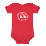 Red baby onesie with the words "crawl, walk, run" in white and a scribbled circle around the words.