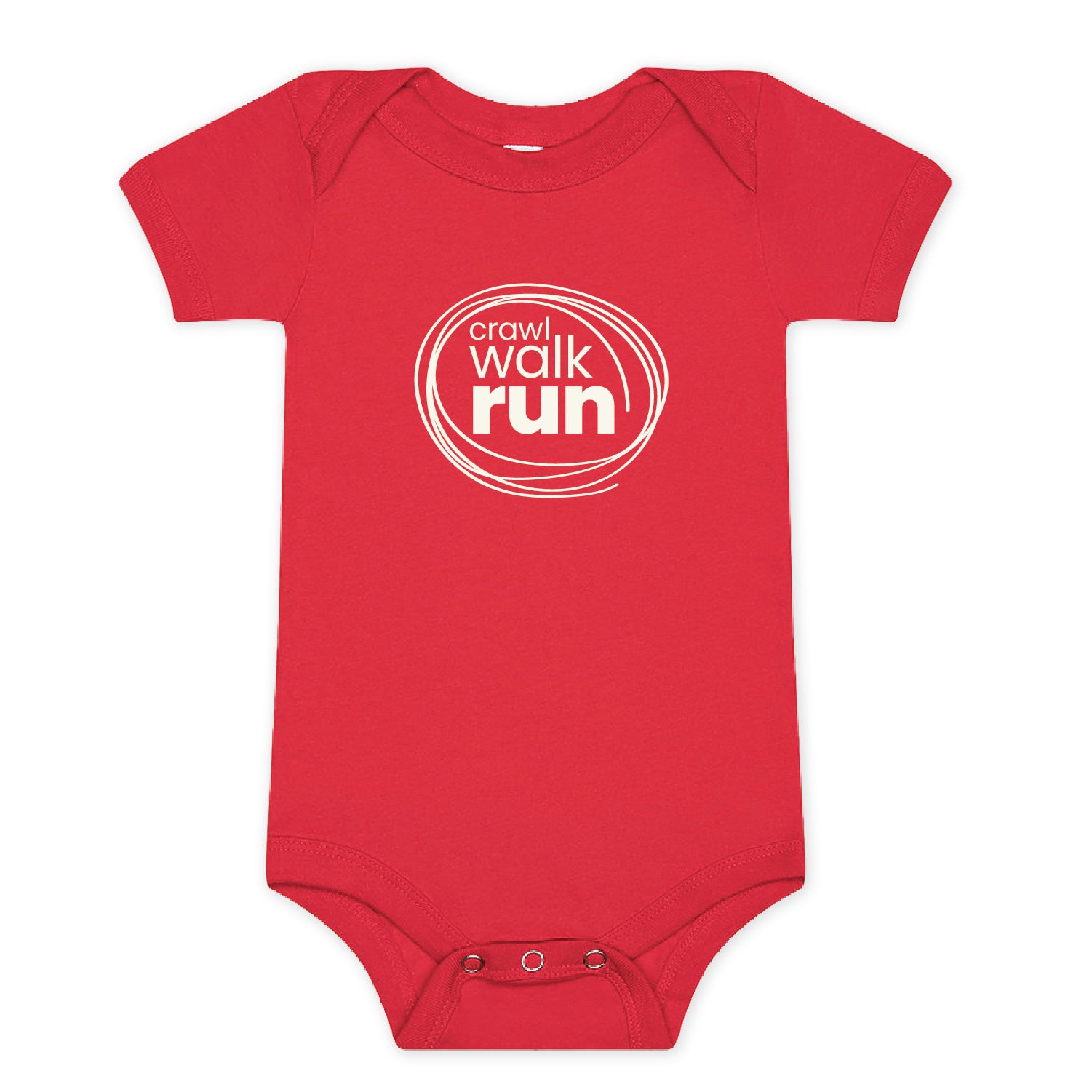 Red baby onesie with the words "crawl, walk, run" in white and a scribbled circle around the words.