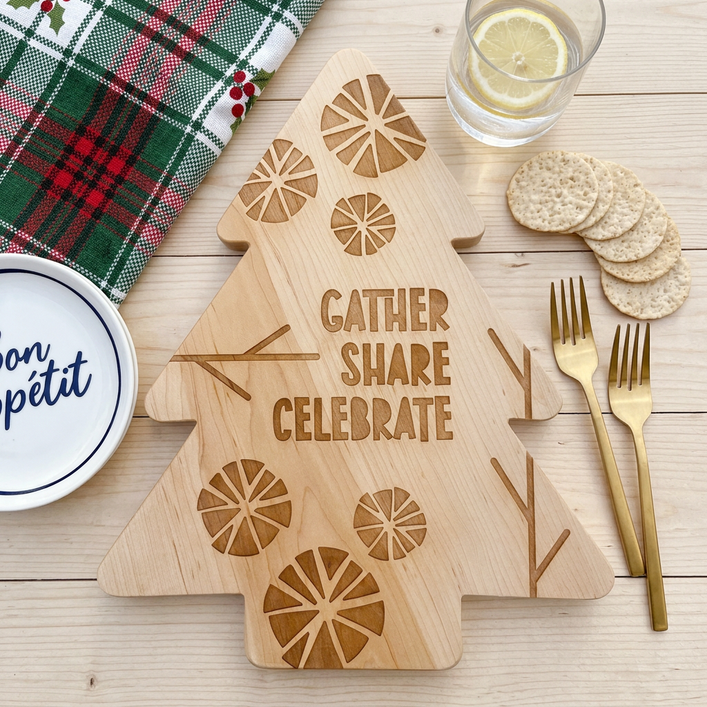 A Christmas tree-shaped wooden serving board with engraved words 'GATHER SHARE CELEBRATE' and tree motifs, styled on a light wood tabletop with crackers, forks, a glass of lemon water, a plaid napkin, and a small dish.