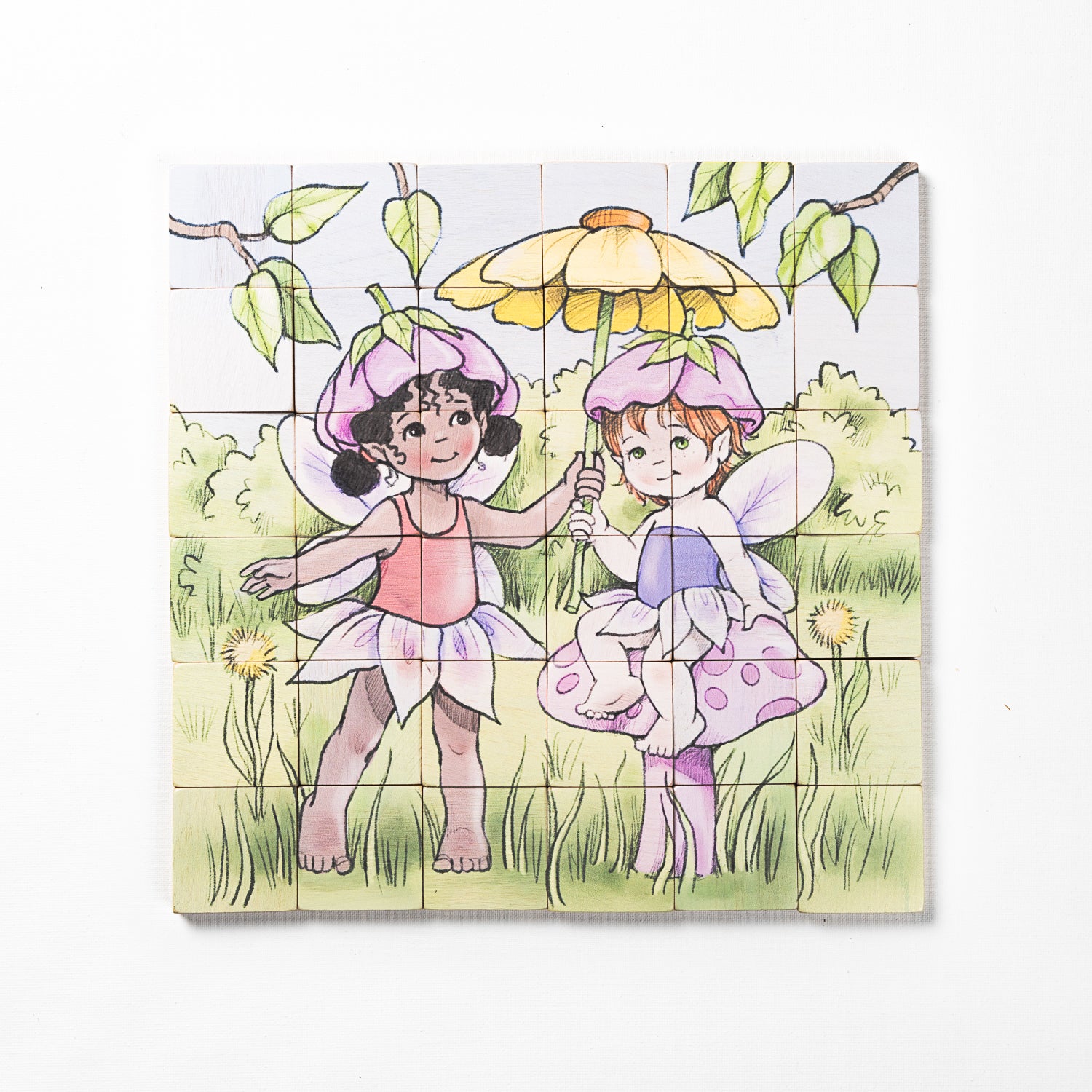 A completed magnetic wooden puzzle depicting two fairies in a garden setting, with interlocking pieces.