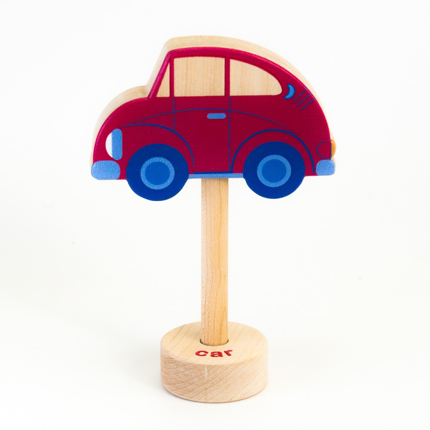 A wooden rattle with a car top, a long wooden dowel for grasping and a small base with the word "car" spelled out. 