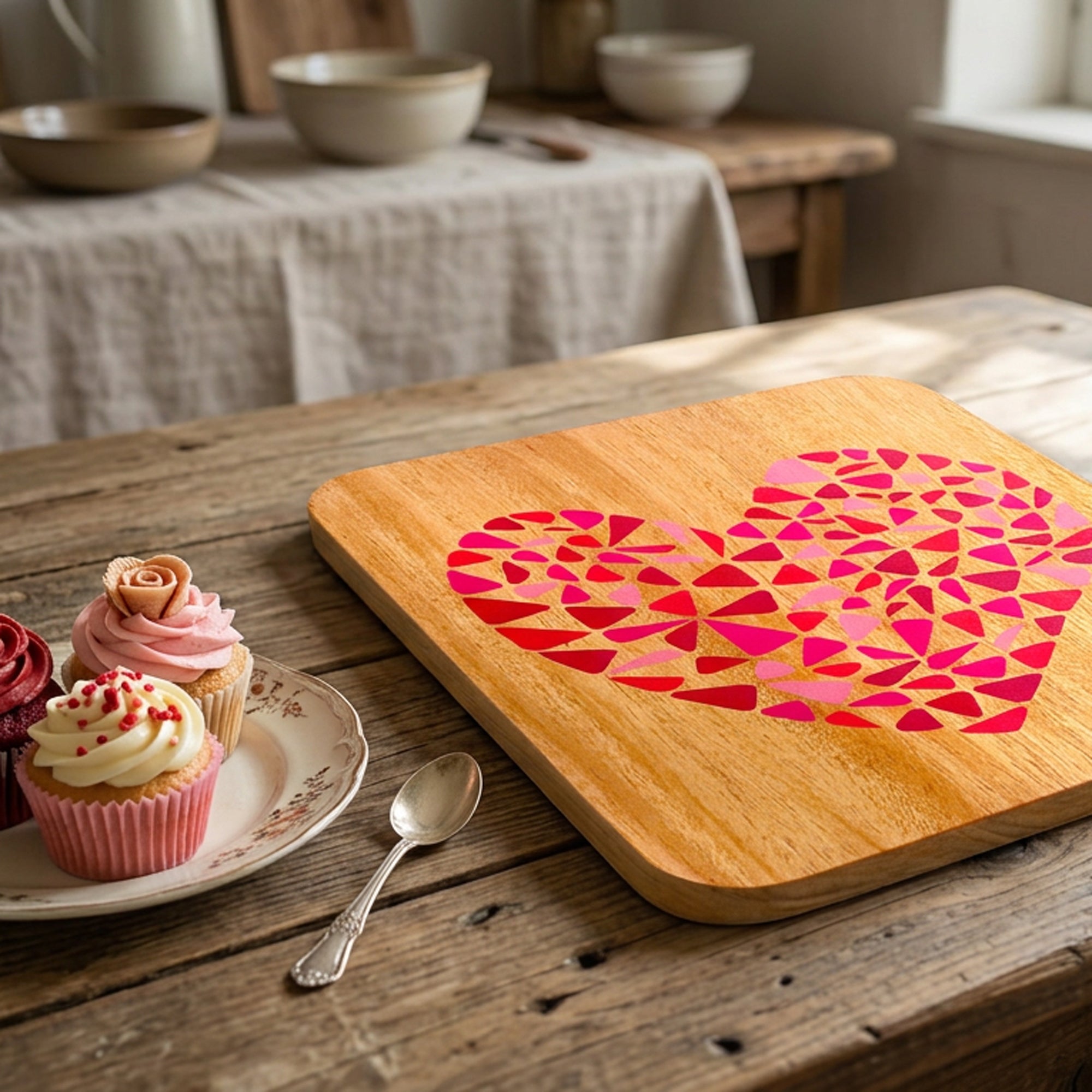 A square wooden cutting board with a mosaic heart design in shades of pink and red, styled on a rustic wooden table next to cupcakes and a spoon.