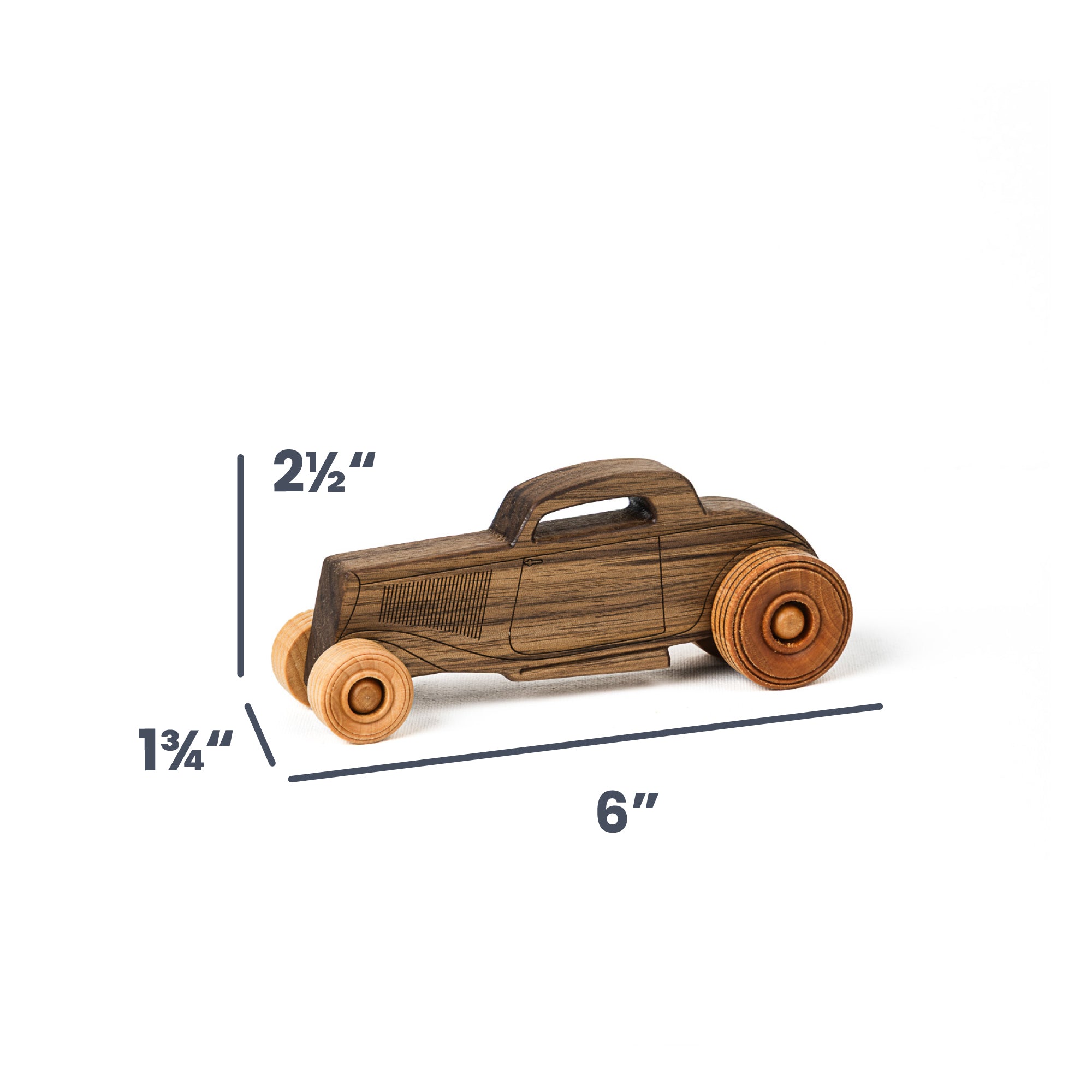 A small wooden toy car with a dark brown wood-grain finish and light tan wheels, shown on a white background with dimension lines indicating 6 inches long, 2 1/2 inches high, and 1 3/4 inches deep.