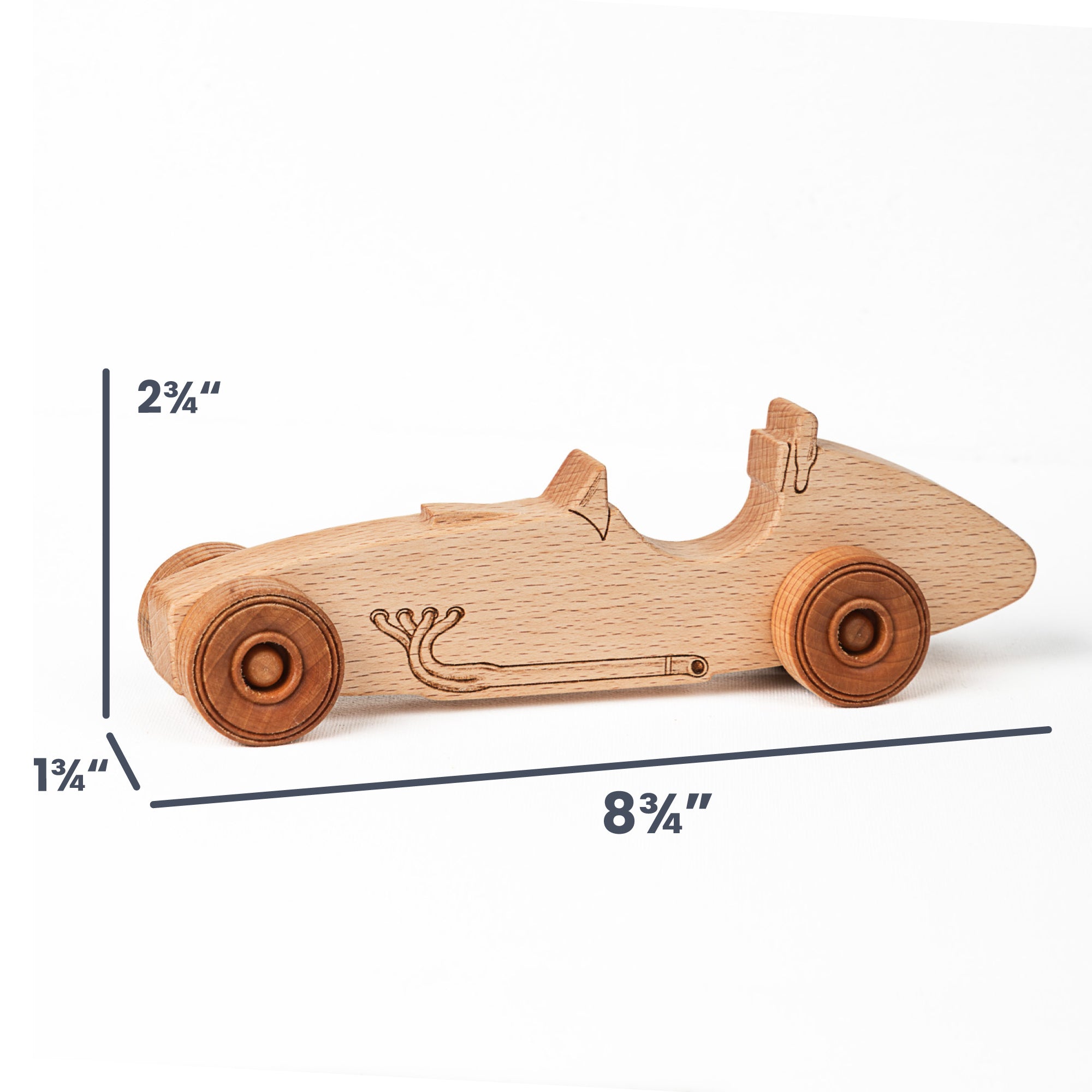 A small wooden toy race car shown on a white background with dimension lines and labels indicating its height of 2 3/4 inches, width of 8 3/4 inches, and depth of 1 3/4 inches.