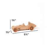 A small wooden race car toy shown on a white background with dimension lines and text indicating its height as 1 3/4 inches, depth as 1 3/4 inches, and length as 5 3/5 inches.
