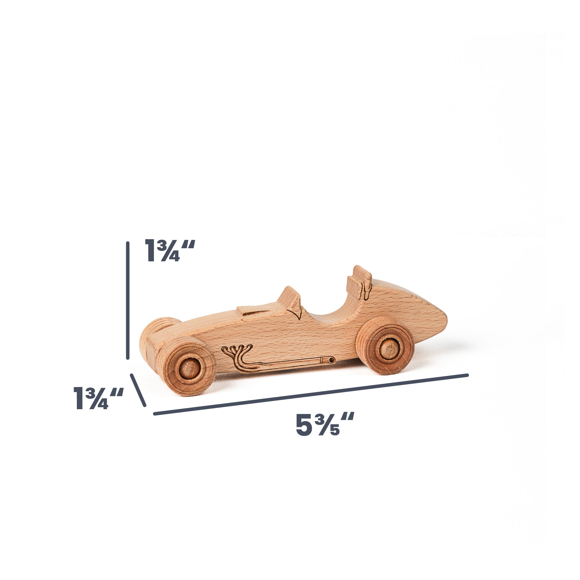 A small wooden race car toy shown on a white background with dimension lines and text indicating its height as 1 3/4 inches, depth as 1 3/4 inches, and length as 5 3/5 inches.