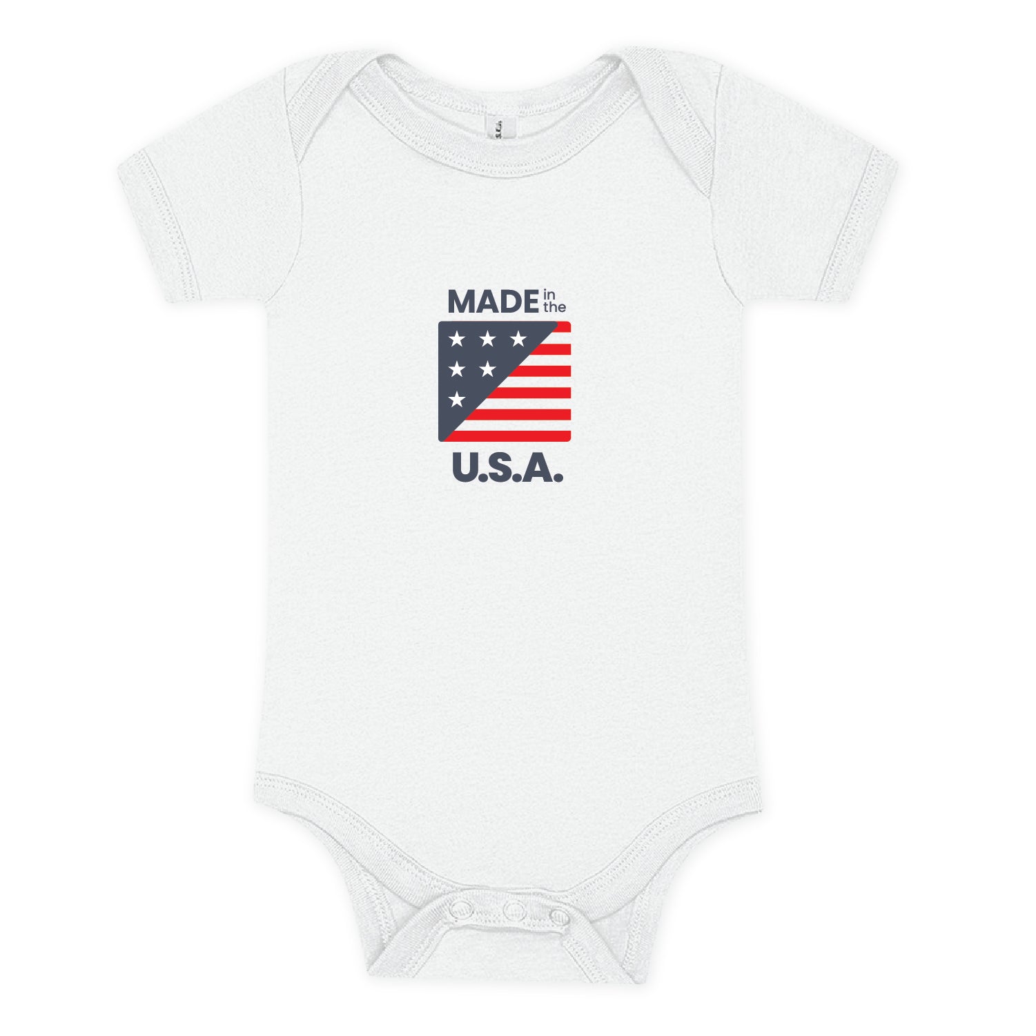 White baby onesie with "Made in the USA" on it in red whte and blue with a small flag.