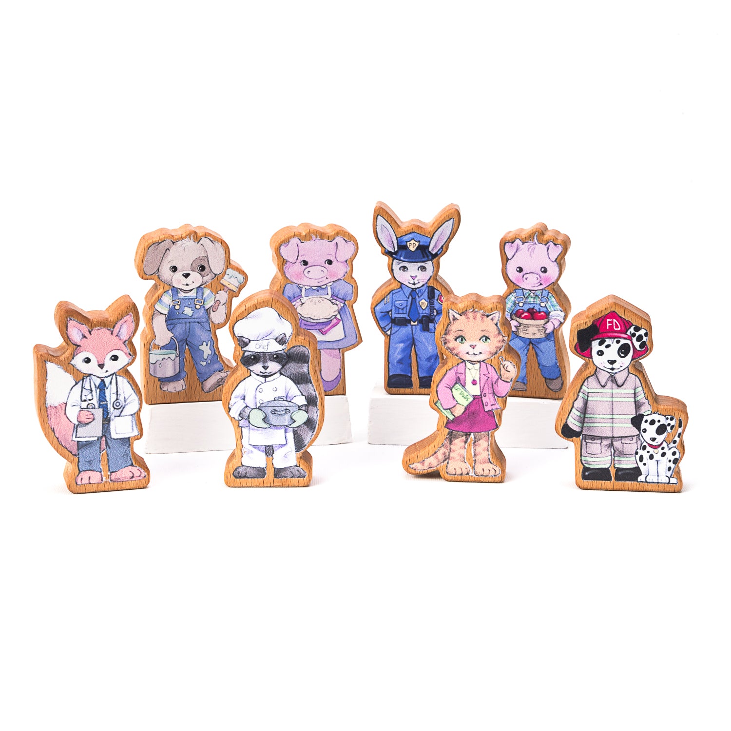 A collection of wooden finger puppet toys, featuring various animal characters in different outfits, such as a doctor, a police officer, and a teacher.