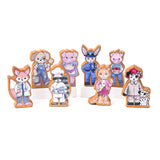 A collection of wooden finger puppet toys, featuring various animal characters in different outfits, such as a doctor, a police officer, and a teacher.