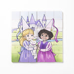 A completed wooden magnetic puzzle depicting two princess figures and a castle, with pieces arranged in a 4x4 grid.