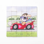 A completed magnetic wooden puzzle depicting a cartoon puppy with sunglasses sitting in a red car.