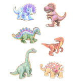 A set of colorful wooden dinosaur puzzles including representations of a Triceratops, Brontosaurus, Ankylosaurus, Stegosaurus, Tyrannosaurus Rex, and Velociraptor.