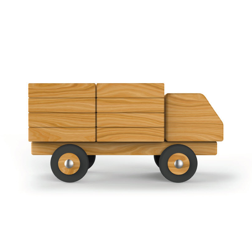 Stacked 3D wooden truck. This Montessori-inspired 3D stacking truck with shape cut outs helps kids fine motor skills. 