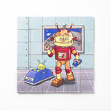 A colorful wooden magnetic puzzle depicting a friendly robot with a blue cat, constructed from interlocking pieces.