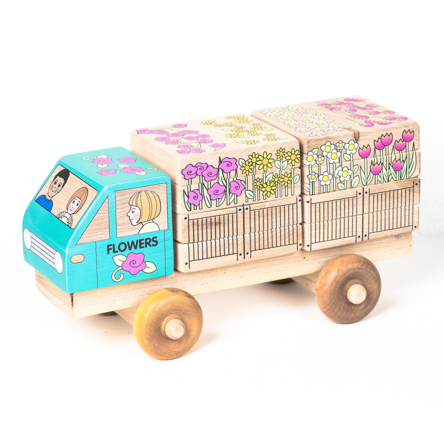 A wooden 3D puzzle truck with a detachable flower delivery section, featuring colorful flower patterns on the cargo area and a cartoon character on the cab.