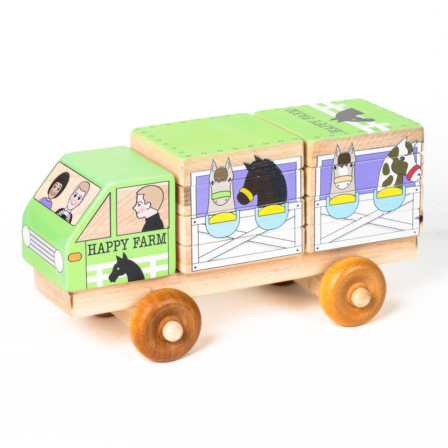 A wooden 3D puzzle truck resembling a horse trailer with colorful animal illustrations on each block, mounted on wooden wheels.