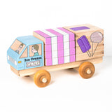 A wooden 3D puzzle toy designed as an ice cream truck with interlocking pieces in various shapes and colors.