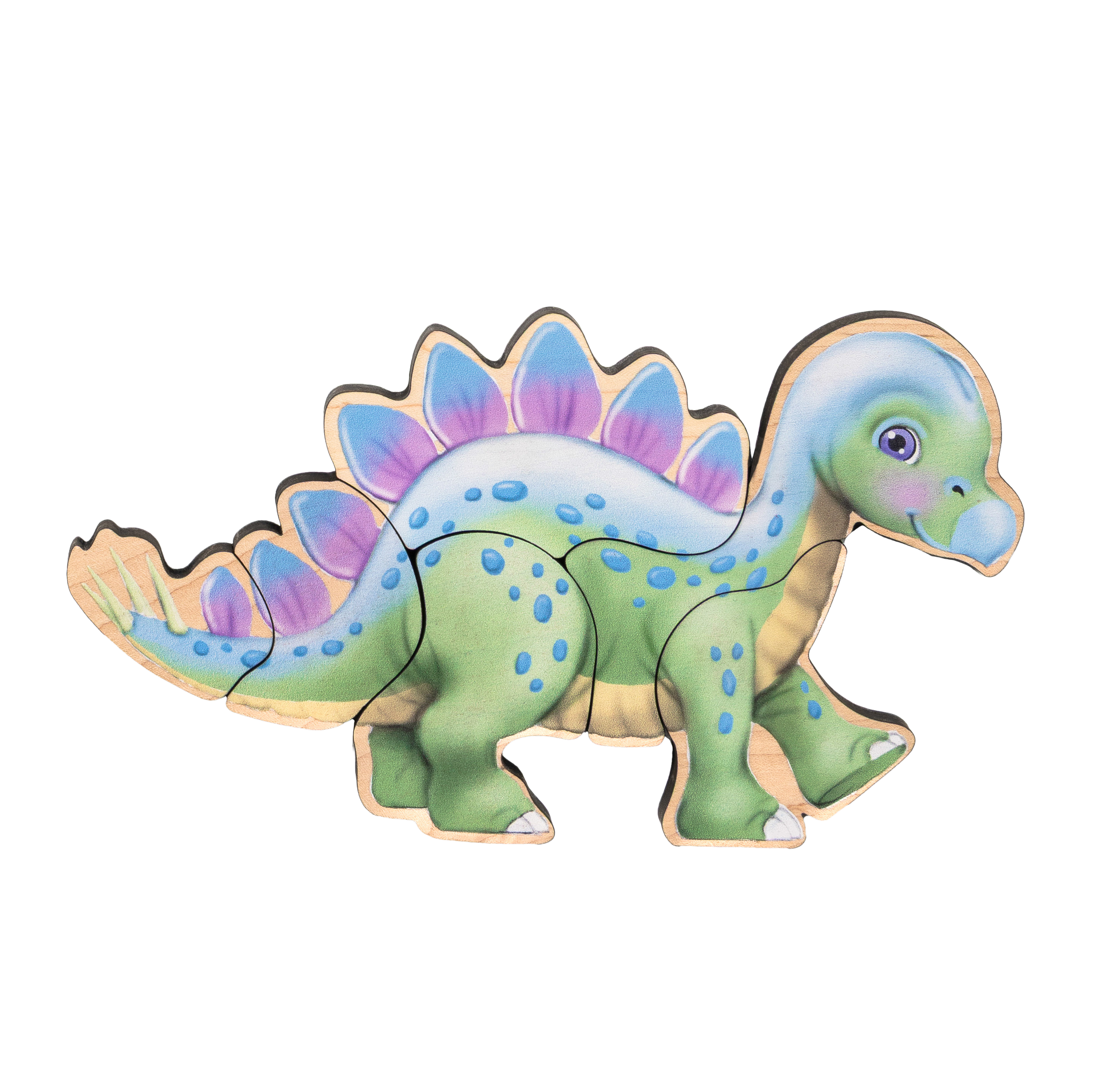 An illustrated Stegosaurus dinosaur magnetic wooden puzzle for young kids
