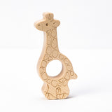 A wooden giraffe-shaped teether with a natural pattern.