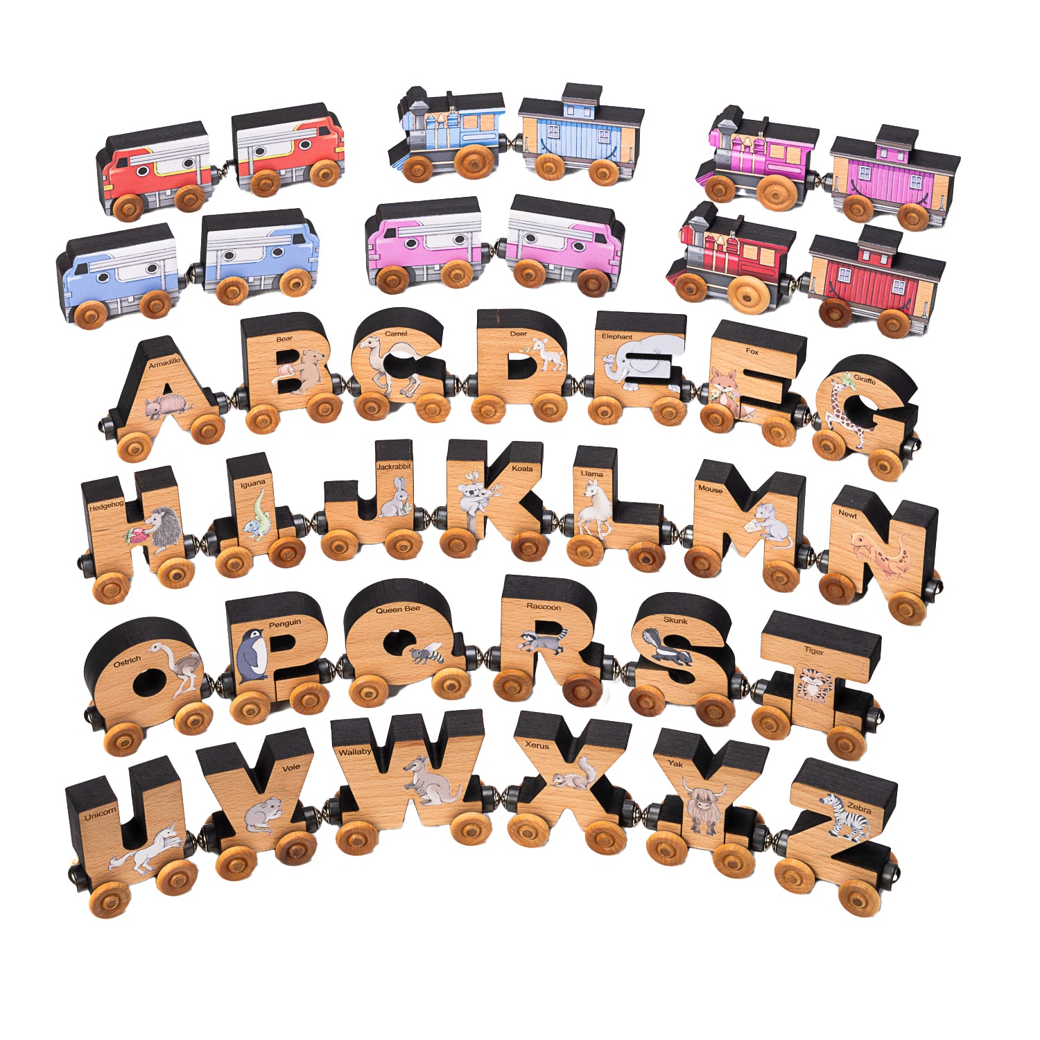 A wooden alphabet train set with each car featuring a letter of the alphabet decorated with an animal starting with that letter, along with a magnetic engine and caboose.