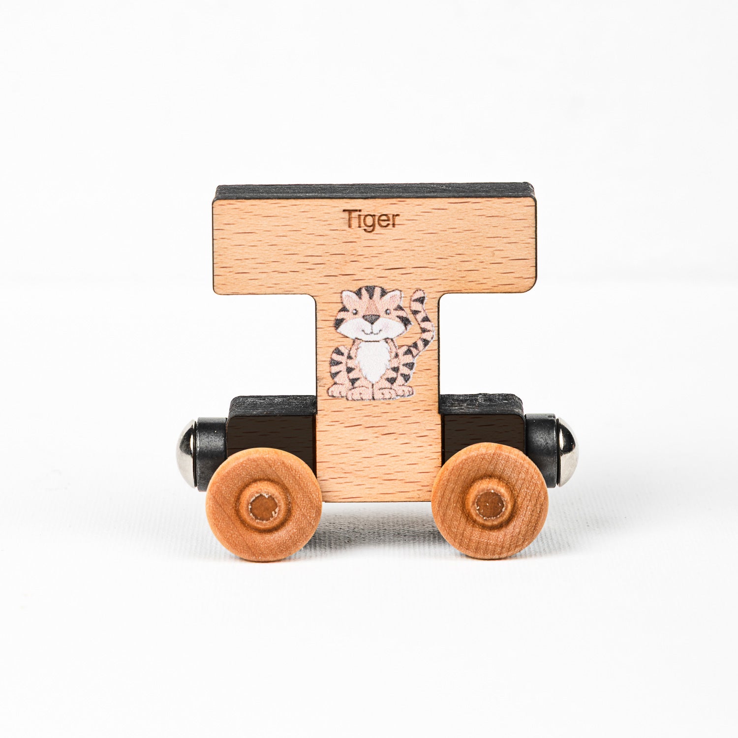 Wooden toy car shaped like the letter 'T' with a tiger design on a white background