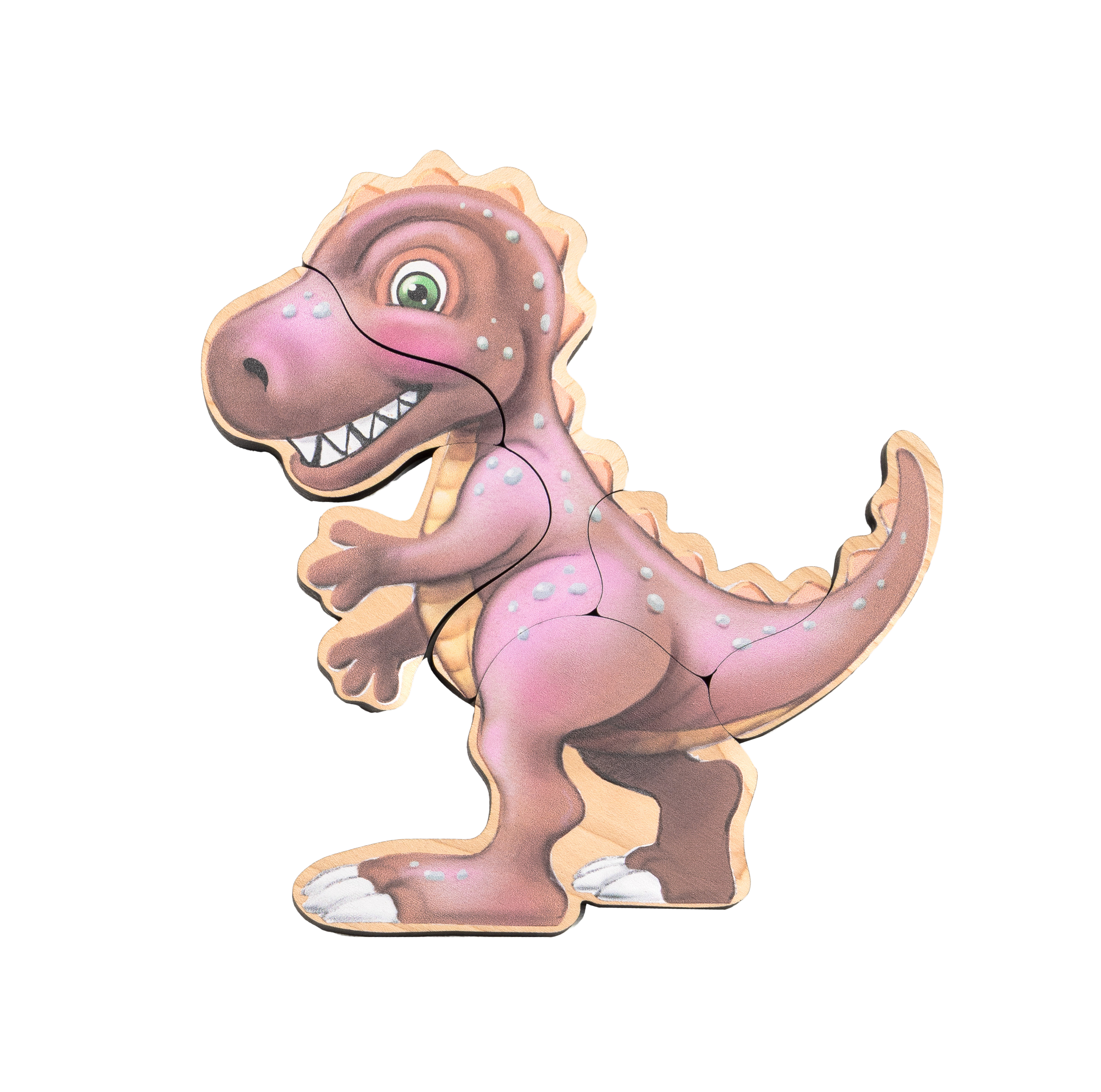 An illustrated Tyrannosaurus Rex dinosaur magnetic wooden puzzle for young kids.
