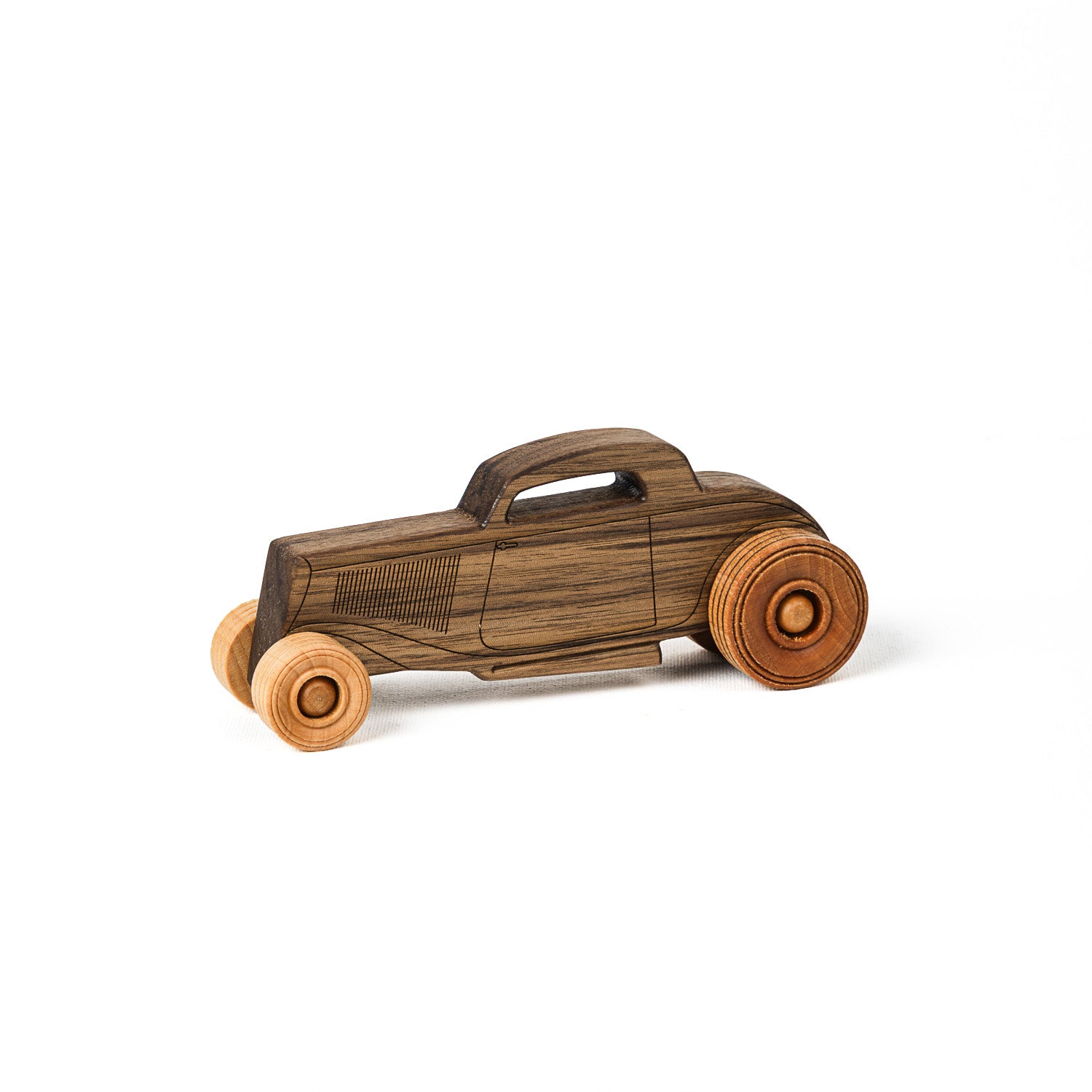 A handcrafted wooden toy resembling a classic hot rod with visible wood grain, designed for children.