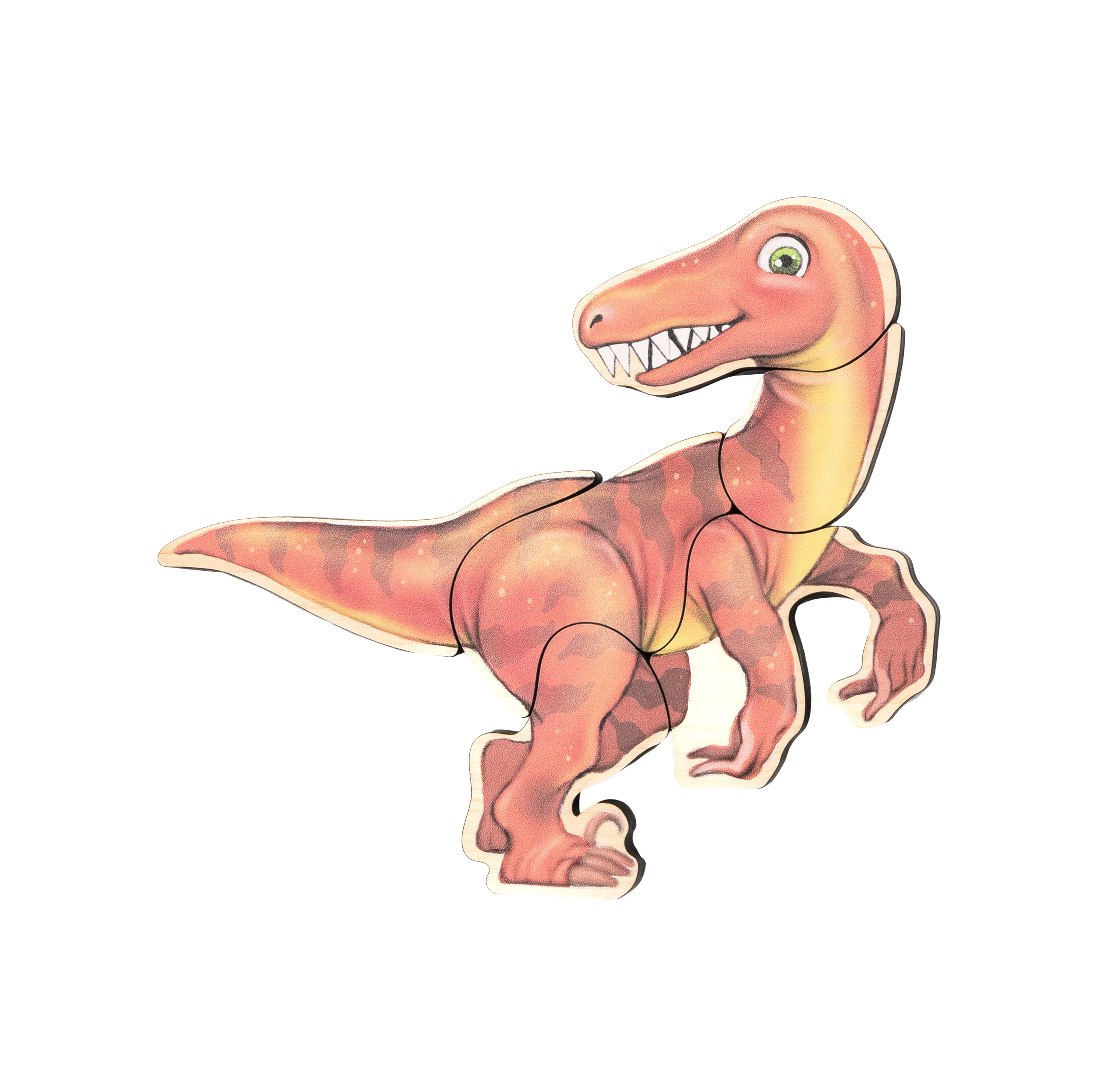 An illustrated Velociraptor dinosaur magnetic wooden puzzle for young kids.