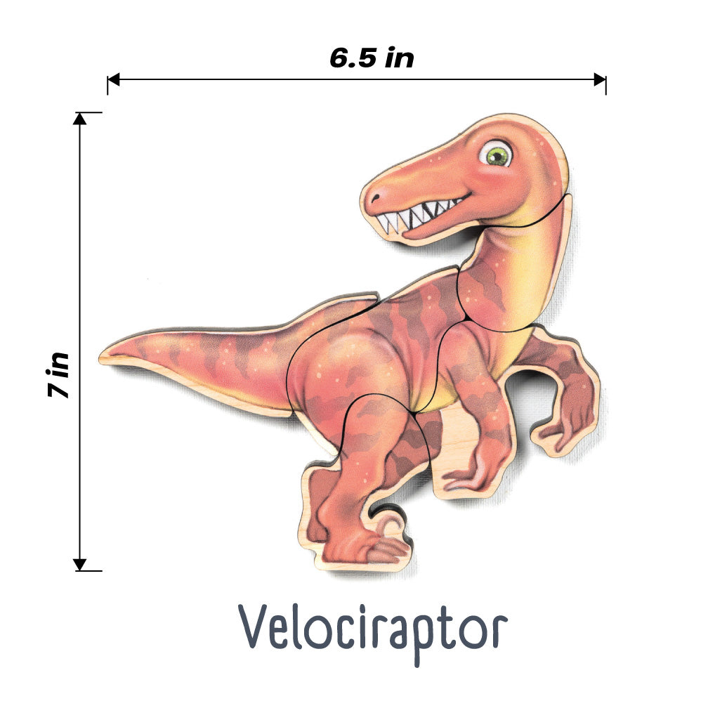 An illustrated Velociraptor dinosaur magnetic wooden puzzle for young kids shown with dimension arrows indicating 6.5 inches wide and 7 inches high.
