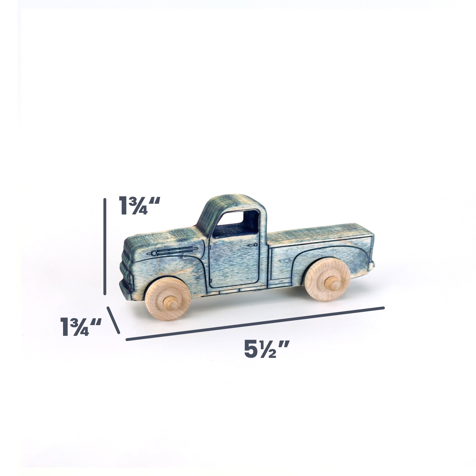 A small vintage-style wooden toy truck with a distressed blue finish and natural wood wheels, shown on a white background with dimension lines indicating 1 3/4 inches height, 1 3/4 inches depth, and 5 1/2 inches width.