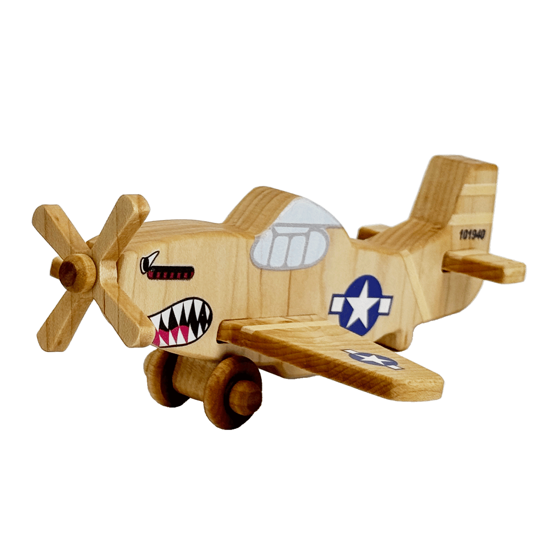 Front view of wooden toy plane with US military insignia and shark teeth nose art found on World War 2 planes. These wooden planes are durable, eco-friendly, and inspired by Montessori learning.