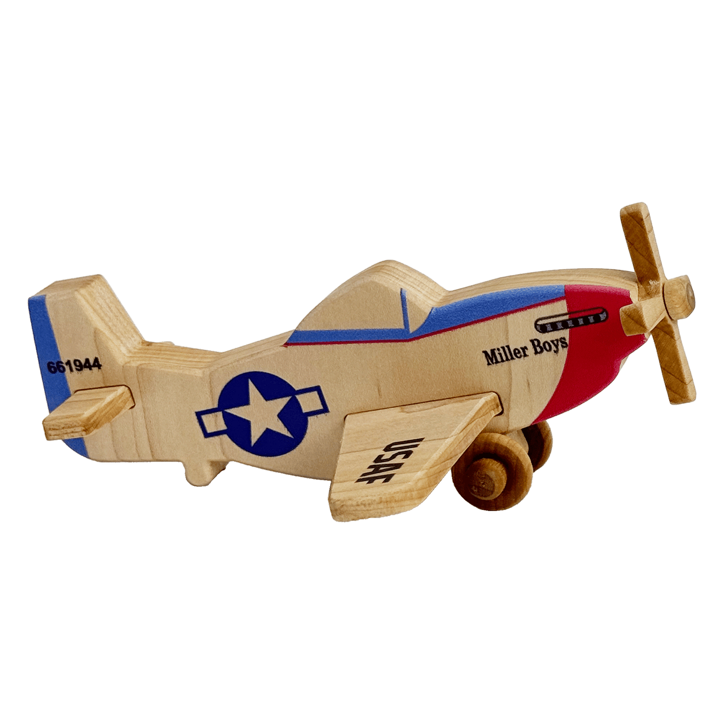 Wooden toy plane with US military insignia and nose art of a type of World War 2 planes. These wooden planes are durable, eco-friendly, and inspired by Montessori learning.