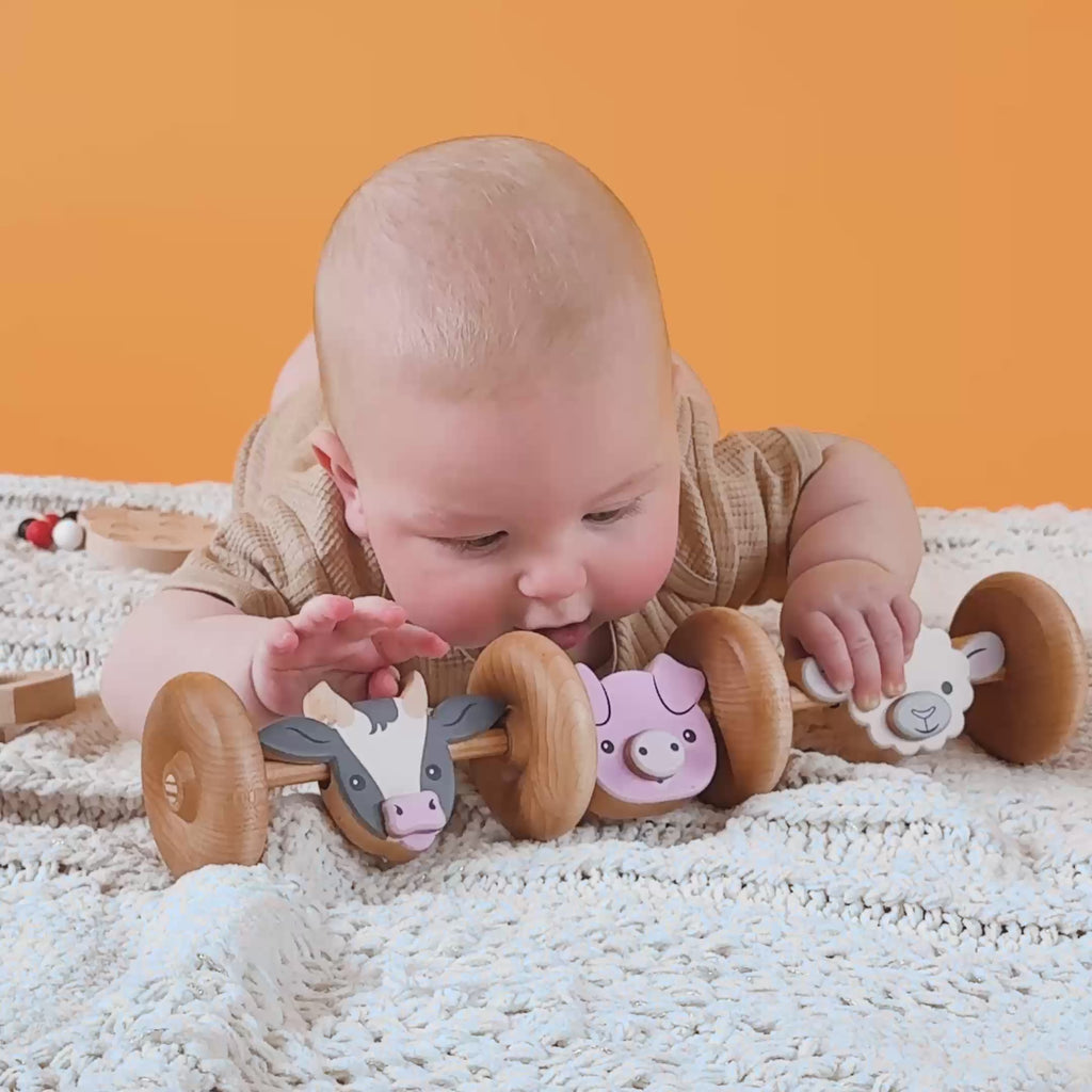 A baby lying on a blanket playing with a rolling toy with cow, pig, and sheep faces.
